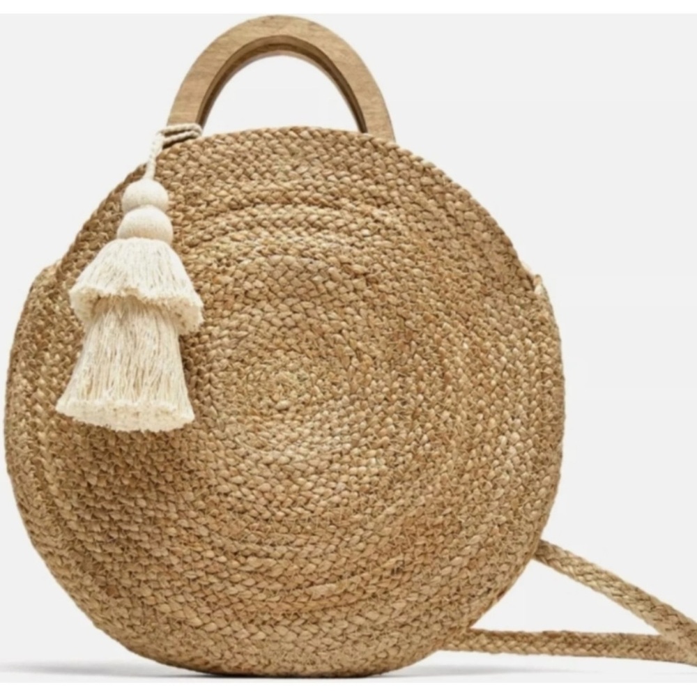 ZARA Round Raffia Basket Handbag Crossbody Bag